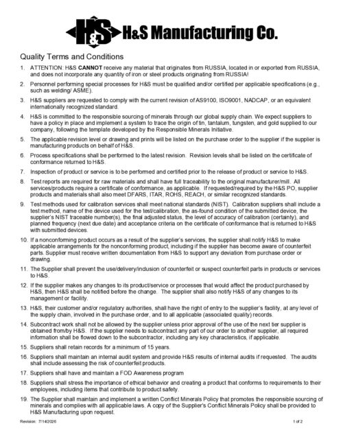 Download H&S Manufacturing Quality Terms and Conditions PDF